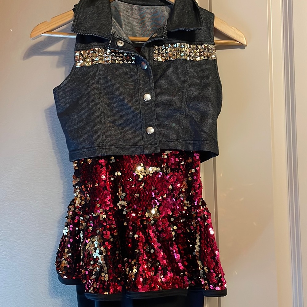 Weissman LC Pink sequence w/ built in black leggings, removable studded jacket